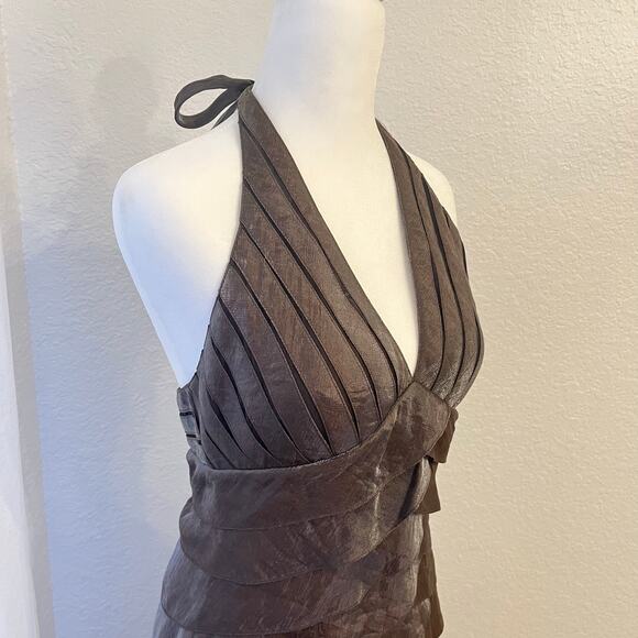 Vintage Cache Halter Cocktail Dress 6 Y2K Brown Shimmer Sheer Mesh Hoco Fairy - Picture 2 of 16